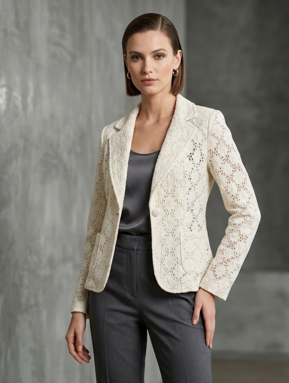 Yoana Baraschi Cream Eyelet Knit Blazer 100% Cotton